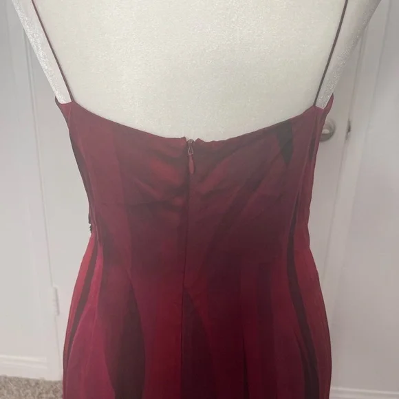 Elie Tahari 100% Silk Chiffon Red Black Spaghetti Strap Slit Front Maxi Dress 8 - Picture 6 of 10